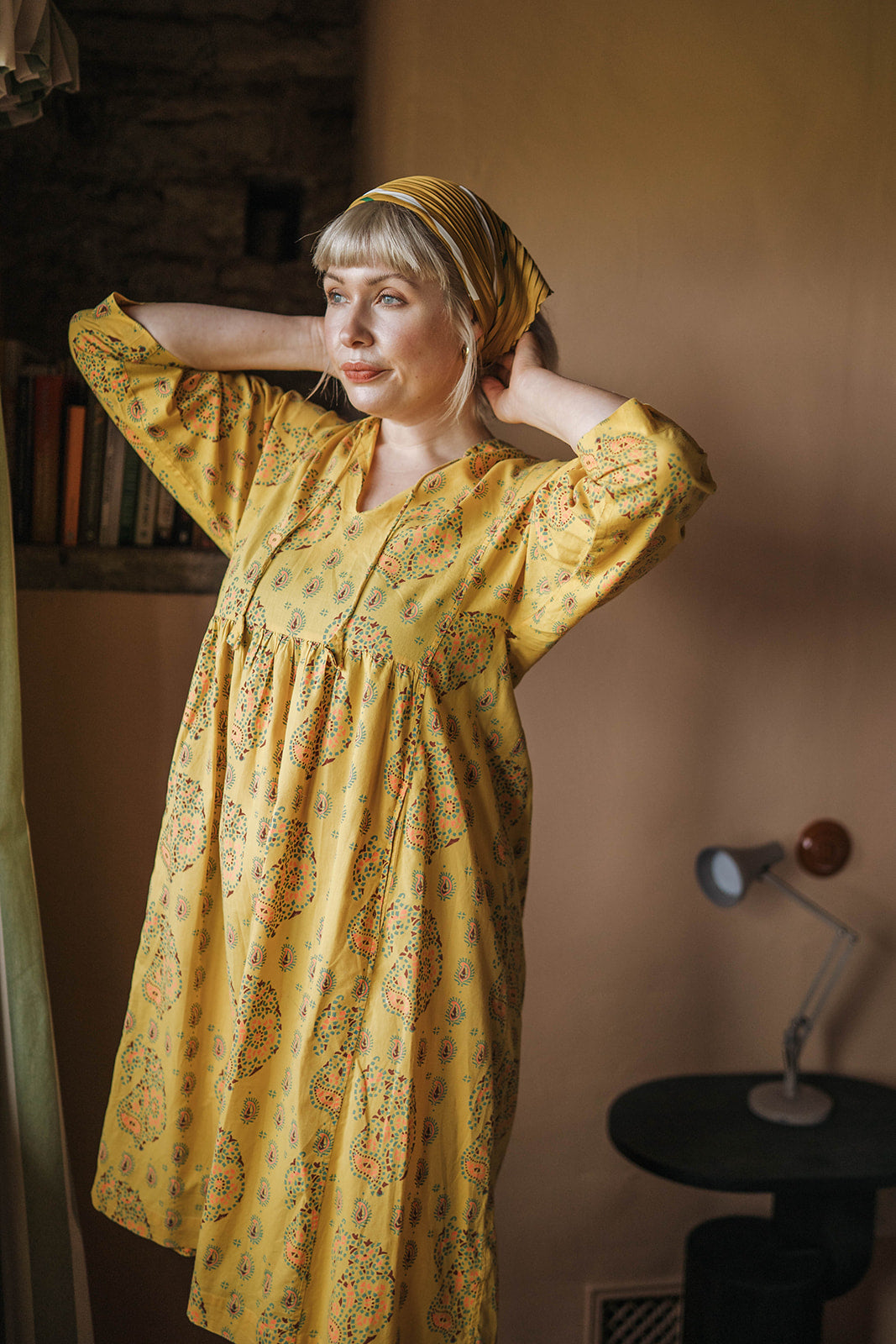  Toast Yellow Printed Midi Dress worn on model 