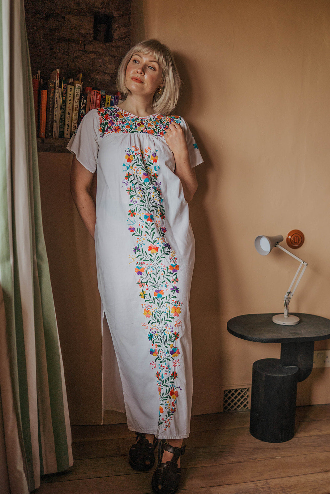 Vintage Folk Embroidered Floral Maxi Dress worn on model 