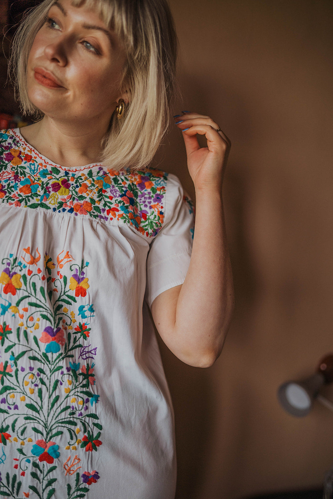Vintage Folk Embroidered Floral Maxi Dress worn on model 