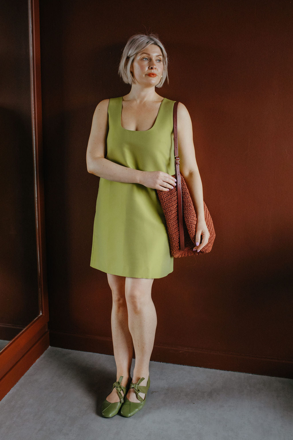 Arket Lime Satin Square Neck Mini Dress